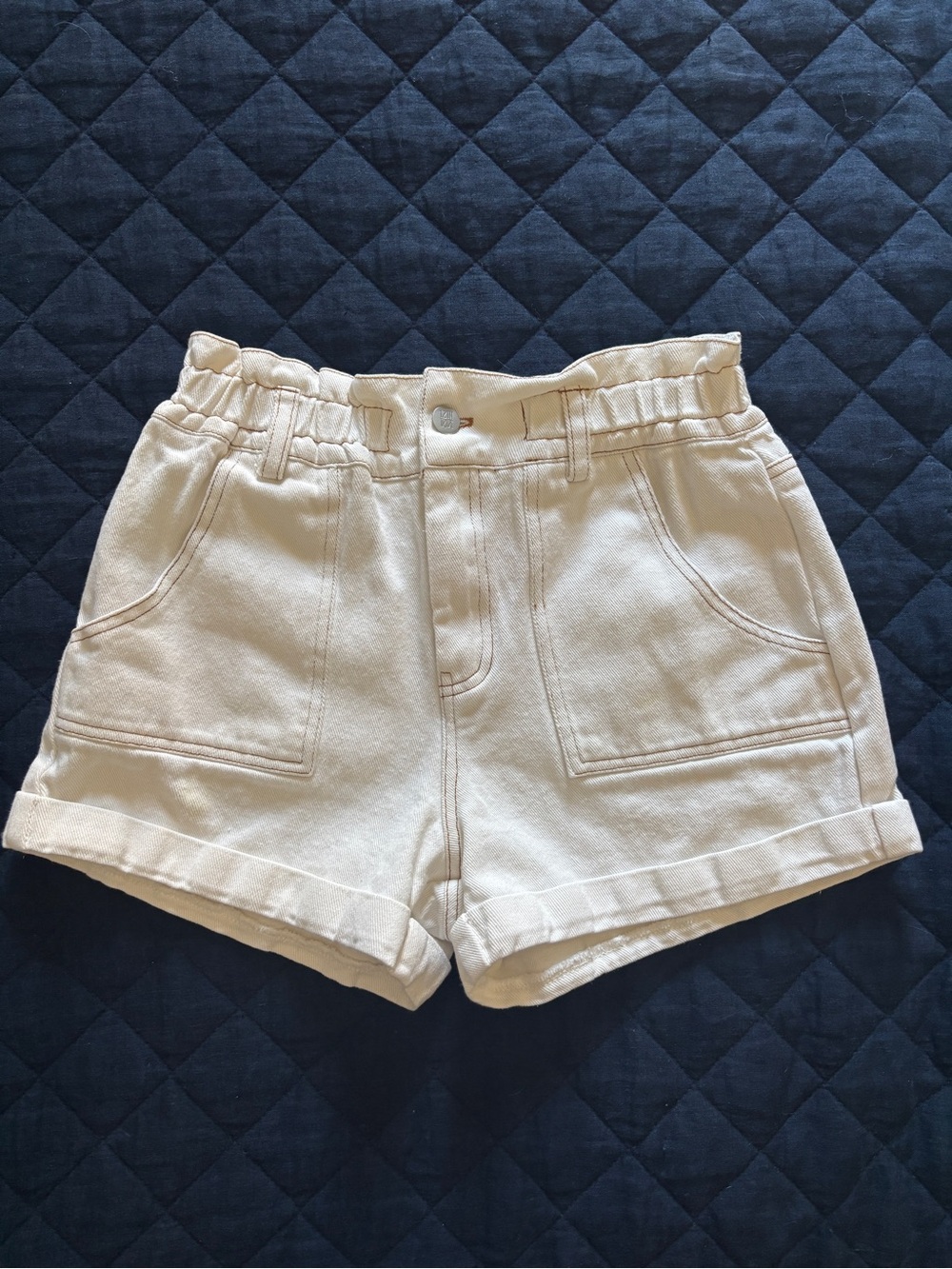 Women's Cream Paperbag Waist Cotton Shorts